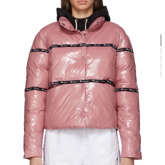 Champion Reverse Weave Pink Shiny Puffer Jacket - Picture 1 of 7
